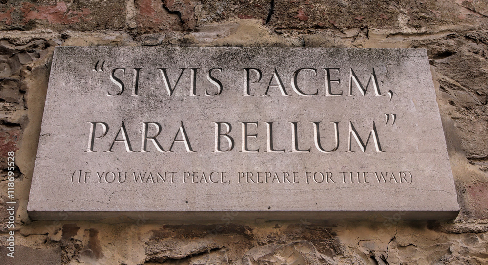 Si vis pacem, para bellum.  Latin phrase meaning If you want peace, prepare for the war. Engraved text. - obrazy, fototapety, plakaty 