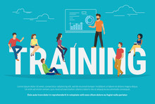 Training Concept Illustration Of Young People Attending The Professional Training With Skilled Instructor. Flat Design Of Guys And Young Women Sitting On The Big Letters