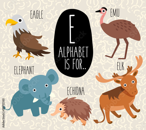 Cute Animal Alphabet Set : Letter E: Vector Illustration Stock Vector