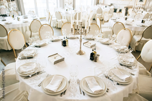 Elegant Table Arrangement And Catering At Wedding Reception White