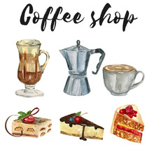 Italian Coffee Shop And Confectionery Hand Drawn Watercolor Icons Coffee, Cake, Cheese Cake, Tiramisu, Latte, Cappuccino
