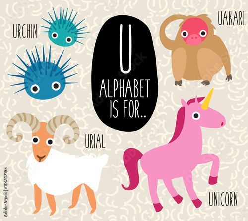 Cute Animal Alphabet Set Letter U Vector Illustration