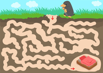 Wall Mural - Vector maze game with find mole room in underground