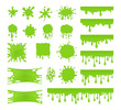 Slime vector set. Collection of blots, splashes and smudges. Green liquid. Drops slime isolated on white background.