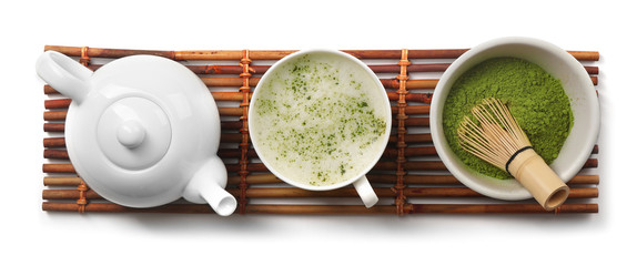 Green matcha tea set on white background