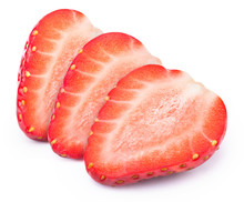 Perfectly Cleaned Three Sliced Strawberries Isolated On The White Background With Clipping Path