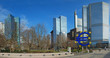 Frankfurt business district. Euro sign square. Panorama