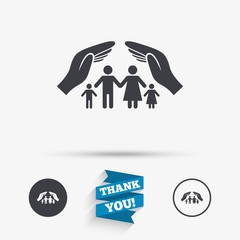 Wall Mural - Family life insurance sign icon. Hands protect.