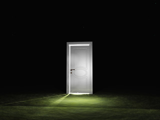 Poster - Single door emits light in dark scene