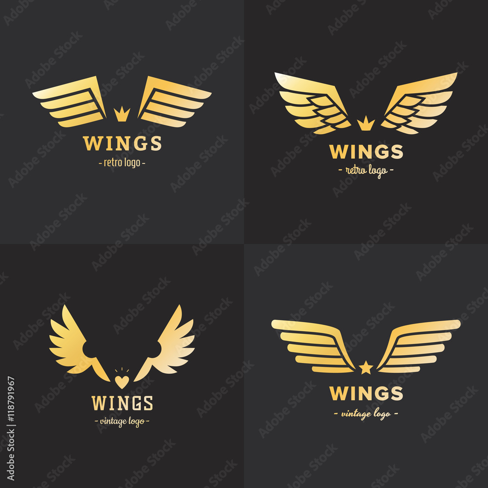 Gold wings logo vector set. Vintage hipster design. Part three. Stock ...