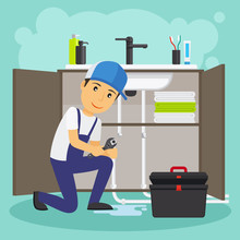Plumber And Plumbing Service Vector Illustration. Water Drain Or Sewage Repair