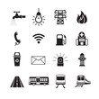 Public Utility Icons Silhouette Set, Water Supply, Electricity, Fuel, Road and Transport