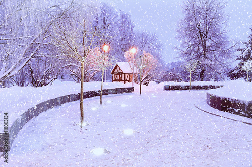Foto-Schiebegardine ohne Schienensystem - Winter night landscape with illuminated lonely house - winter landscape view with snowflakes (von syntheticmessiah)