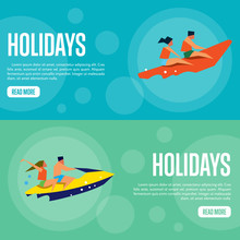 Summer Holidays Vector Illustration. People In Life Jackets On Banana Boat On Blue Background. Couple On Yellow Jet Ski On Green Background. Extreme Sea Sports. Website Template. Flat Design Banner