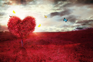 Wall Mural - Beautiful field with heart shape tree and butterflies. Abstract red landscape background.