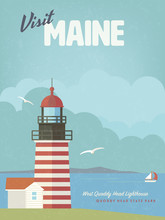 Visit Maine Vintage Poster With West Quoddy Head Lighthouse