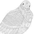 Stylized dove or pigeon bird, isolated on white background. Freehand sketch for adult anti stress coloring book page with doodle and zentangle elements.