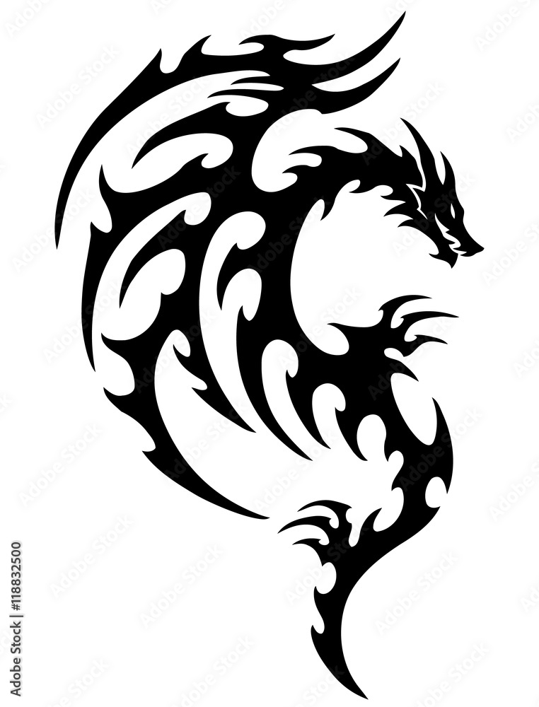 vector illustration, tribal dragon tattoo design, black and white ...