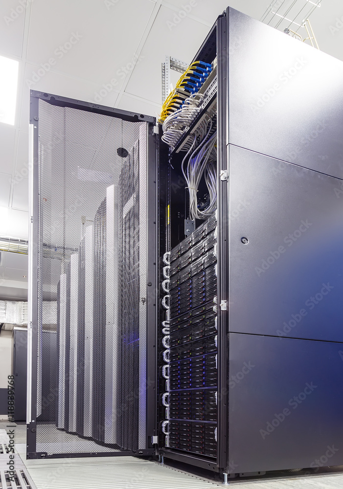 Open Computer Rack Server rackserver hardware with an open door in the data center Stock Photo ...