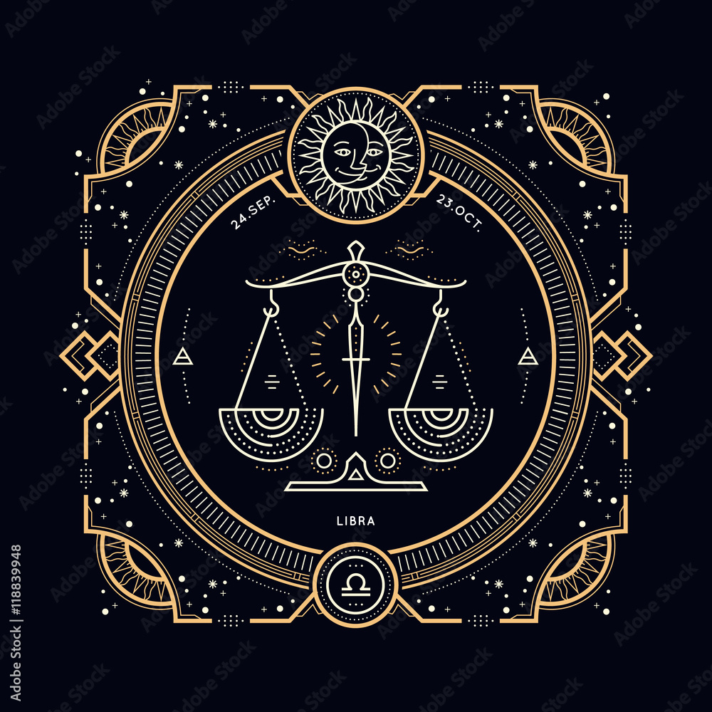 Libra Insignia Vintage thin line Libra zodiac sign label. Retro vector astrological ...