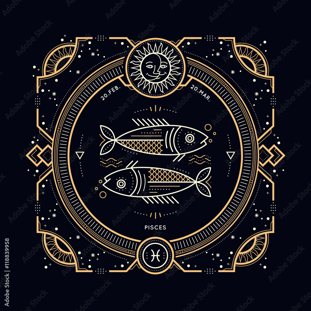 Vintage thin line Pisces zodiac sign label. Retro vector astrological ...