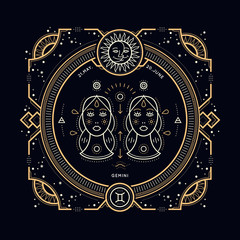 Wall Mural - vintage thin line gemini zodiac sign label. retro vector astrological symbol, mystic, sacred geometr