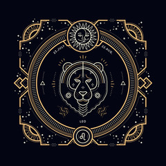 vintage thin line leo zodiac sign label. retro vector astrological symbol, mystic, sacred geometry e