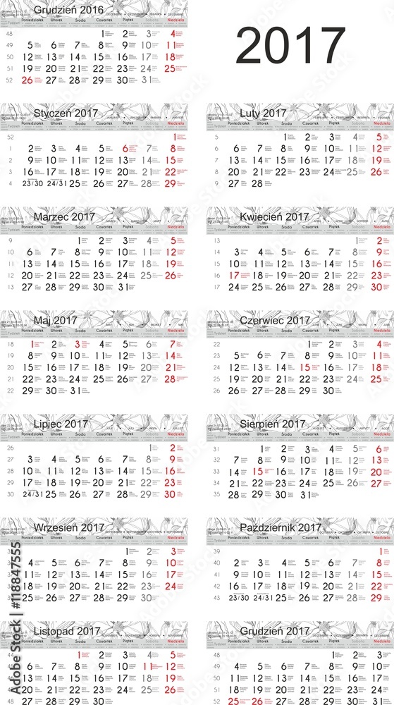 Calendar 2017 Kalendarz 2017 vector - obrazy, fototapety, plakaty 