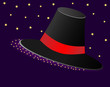 © sergeizubkov64 - Magic hat with a Red Ribbon and asterisks on purple background. Vector illustration.