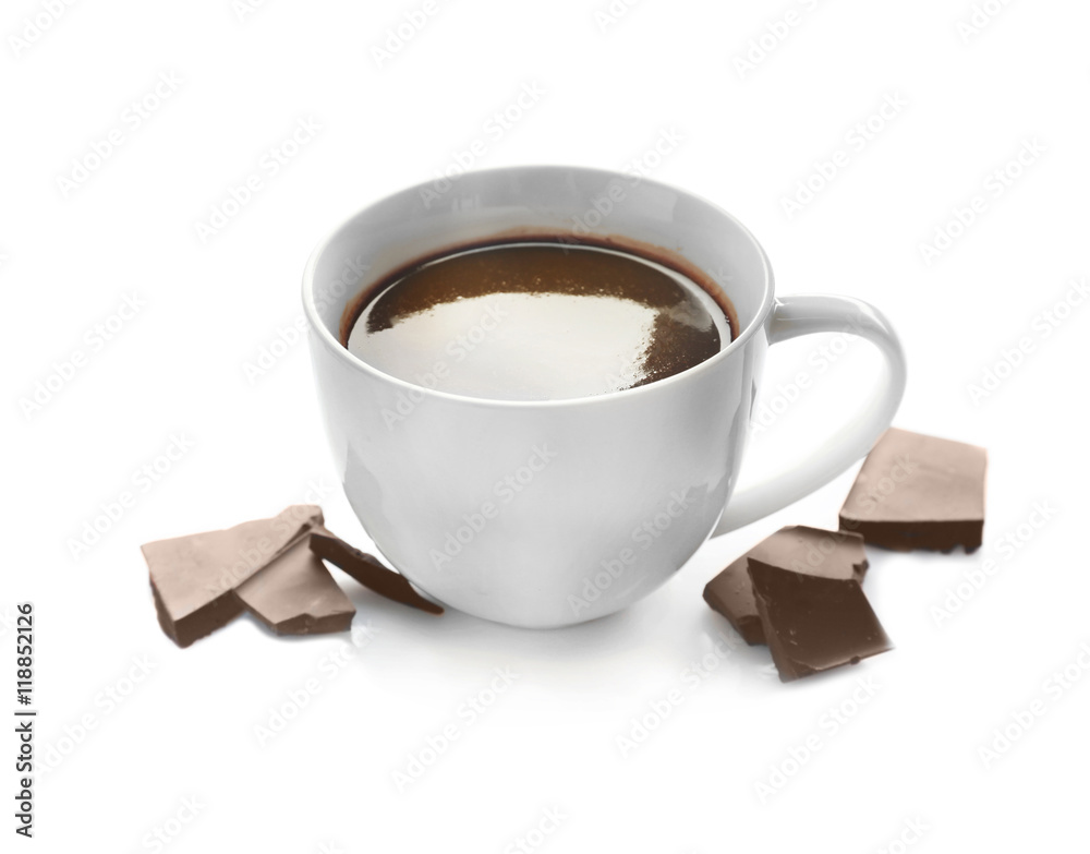 Cup of hot chocolate and pieces, isolated on white