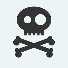 Icon Of Jolly Roger Symbol. Pirate, Filibuster, Corsair Sign Of Crossed Bones Or Crossbones And Skull. Vector Emblem