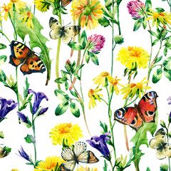 Meadow watercolor flowers and butterfly seamless pattern