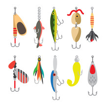 Fishing Bait. Fish Lure With Hook Flat Icons Isolated On White Background. Vector Illustration