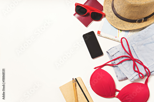 Fotografie, Obraz travel and vacation items on table. flat lay