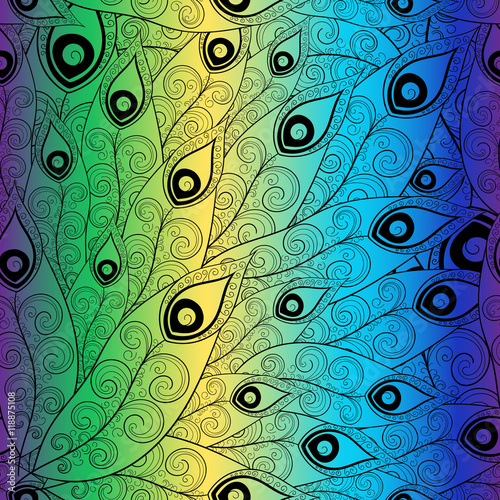 Naklejka - mata magnetyczna na lodówkę Peacock feather pattern vector seamless. Gradient background with bright green, blue, yellow and purple colors. Decorative pattern with outline birds feathers.