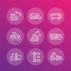 Sticker - construction vehicles line icons set, heavy machines, digger, crane, truck, loader, vector illustration