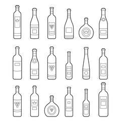 Set of wine bottles outline. Isolated wine bottles. Different kinds of wine. Design elements for banners, wine markets, alcohol advertising, bars and vineyards. Template for site, menu, infographics