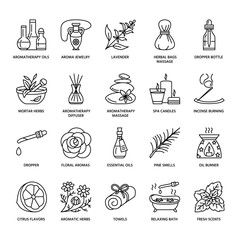 Wall Mural - Modern vector line icons of aromatherapy and essential oils. Elements - aromatherapy diffuser, oil burner, spa candles, incense sticks. Linear pictogram with editable strokes for aromatherapy salon.