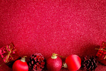Red Christmas Ball And Gift Decoration Glitter Background
