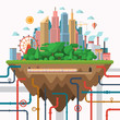 Big city concept illustration in flat style. Urban landscape with business center, park, industrial area, underground communications.
