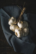 Bunch of garlic with napkin on the wooden table vertical