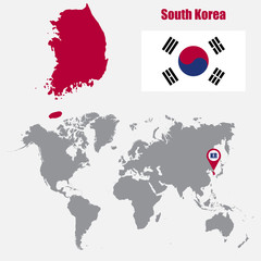 Wall Mural - South Korea map on a world map with flag and map pointer. Vector illustration