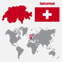 Poster - Switzerland map on a world map with flag and map pointer. Vector illustration