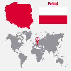 Poster - Poland map on a world map with flag and map pointer. Vector illustration