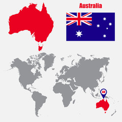 Poster - Australia map on a world map with flag and map pointer. Vector illustration