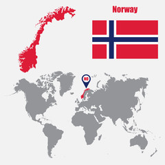 Poster - Norway map on a world map with flag and map pointer. Vector illustration