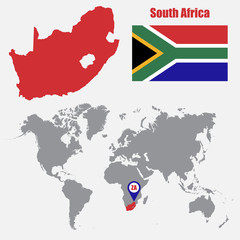 Poster - South Africa map on a world map with flag and map pointer. Vector illustration