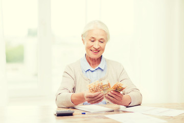 Canvas Print - senior woman with money and papers at home