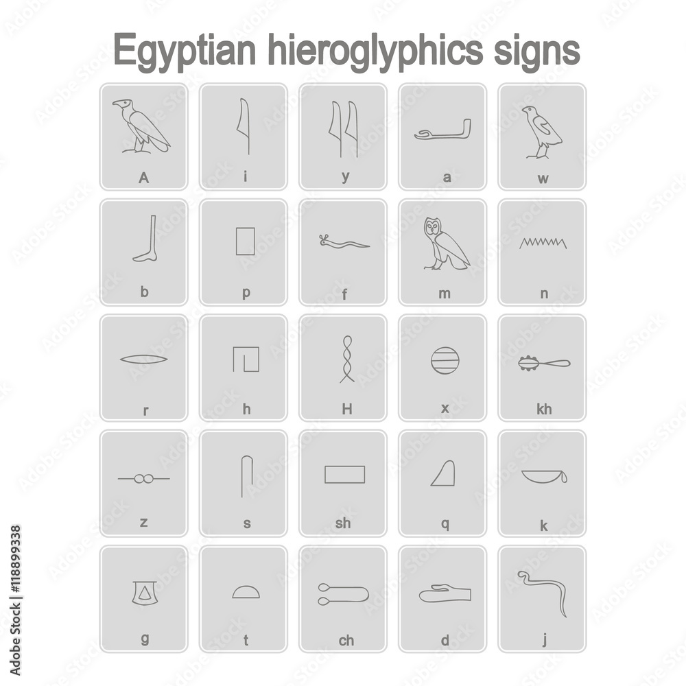 Set of monochrome icons with egyptian hieroglyphics signs for your design - obrazy, fototapety, plakaty 
