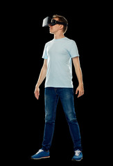 Wall Mural - happy man in virtual reality headset or 3d glasses